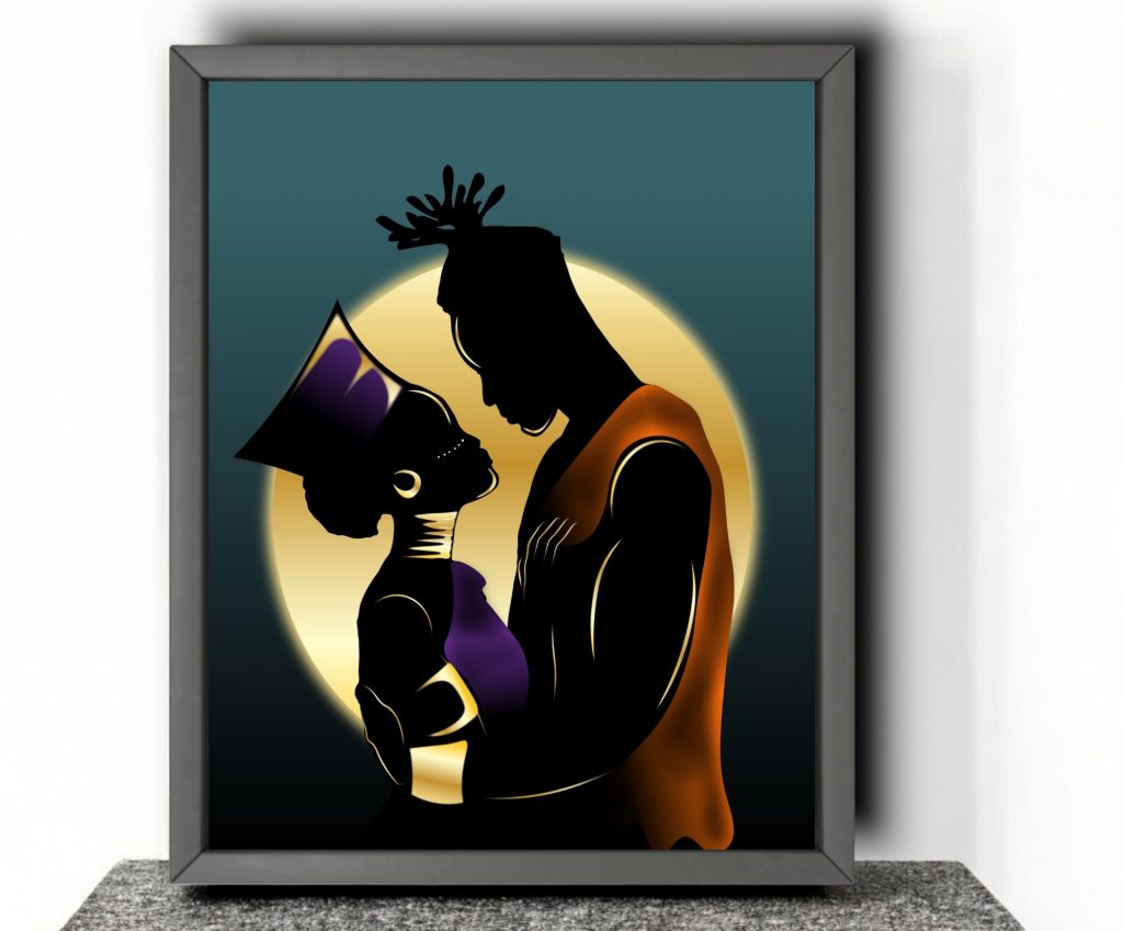 God Kissed #1 - Art piece created by artist James Sanders. It depicts the silhouette of a couple embraced, while looking at each other lovingly.