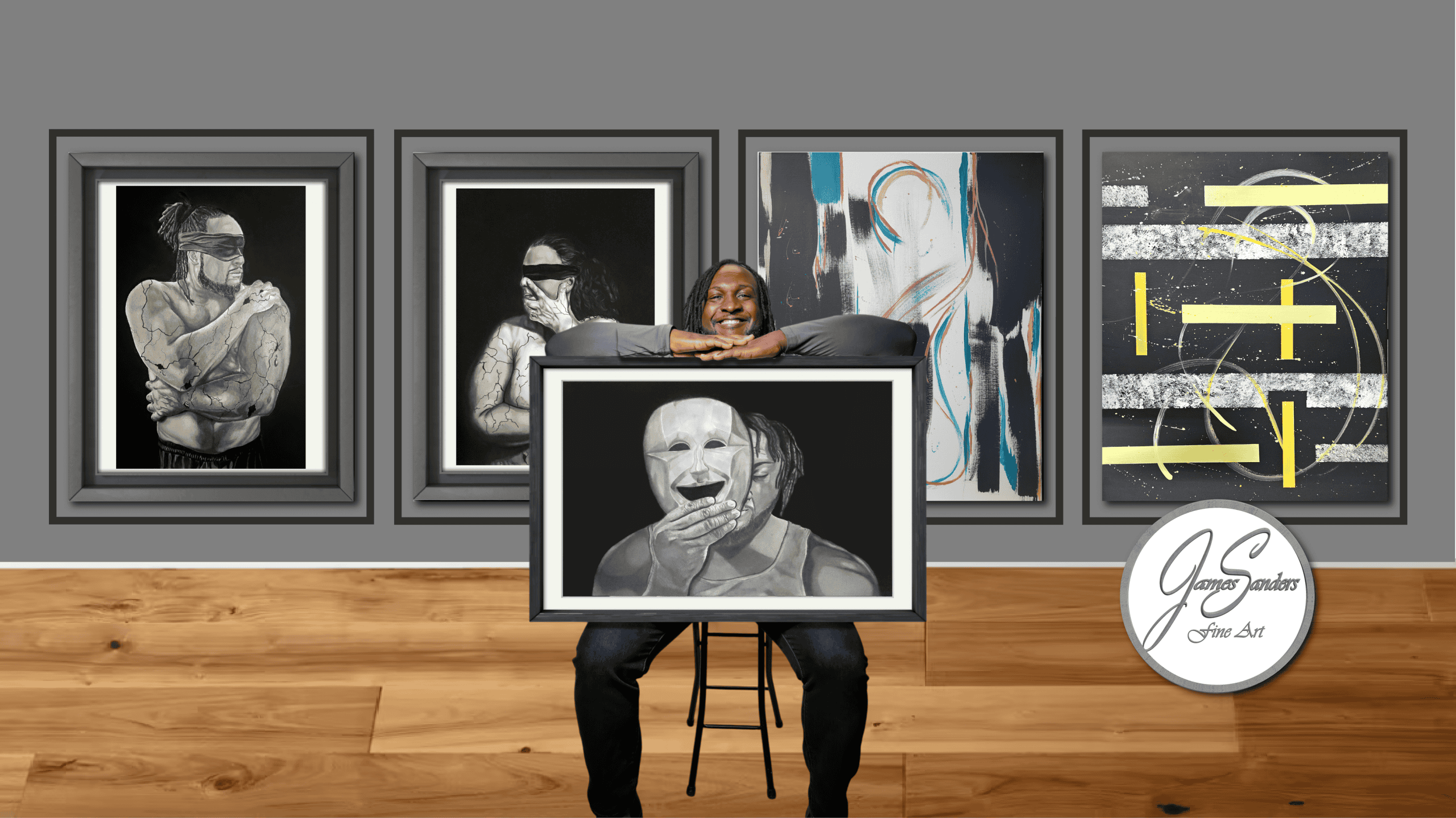a man sits in a chair holding a framed art piece on his lap with four additional images on a gallery wall behind him.