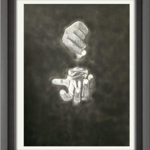 Graphite and Charcoal drawing of a hand sprinkling what appears to be sand to form the figure of a woman being held in another hand beneath it.