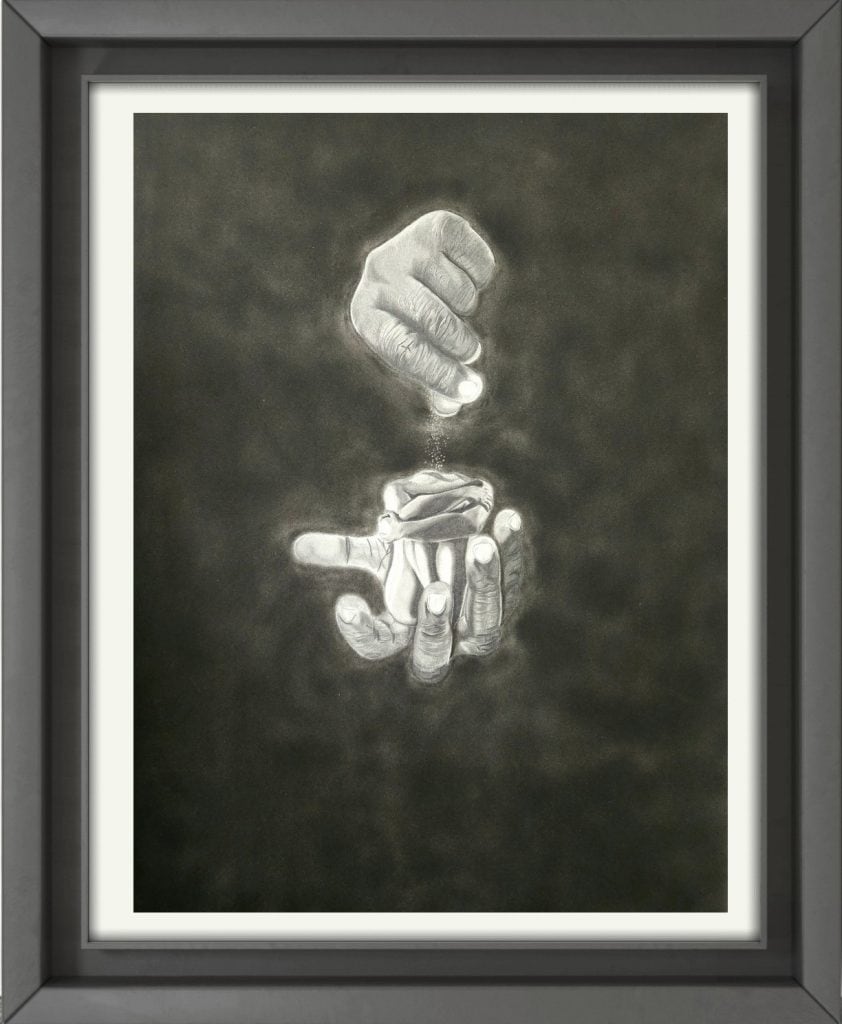 Graphite and Charcoal drawing of a hand sprinkling what appears to be sand to form the figure of a woman being held in another hand beneath it.