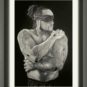 Drawing featuring a man with a blindfold, covering himself with his hands. Parts of his body appear to be cracking like concrete