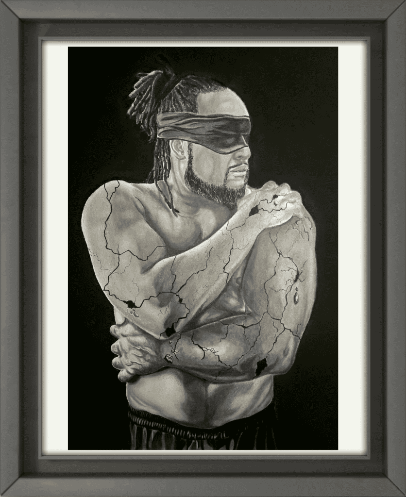 Drawing featuring a man with a blindfold, covering himself with his hands. Parts of his body appear to be cracking like concrete