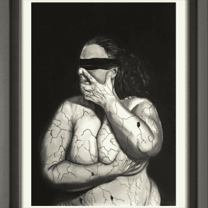Drawing featuring a woman with a blindfold, covering herself with her hands. Parts of her body appear to be cracking like concrete
