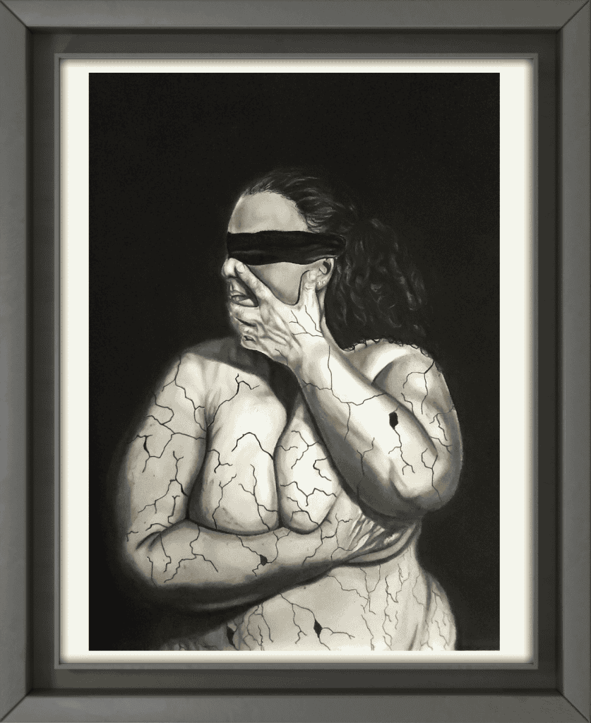 Drawing featuring a woman with a blindfold, covering herself with her hands. Parts of her body appear to be cracking like concrete