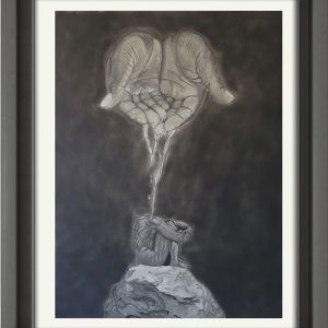 Graphite and Charcoal drawing of a set of hands with liquid flowing from them into the shape of a man's figure sitting on a boulder.