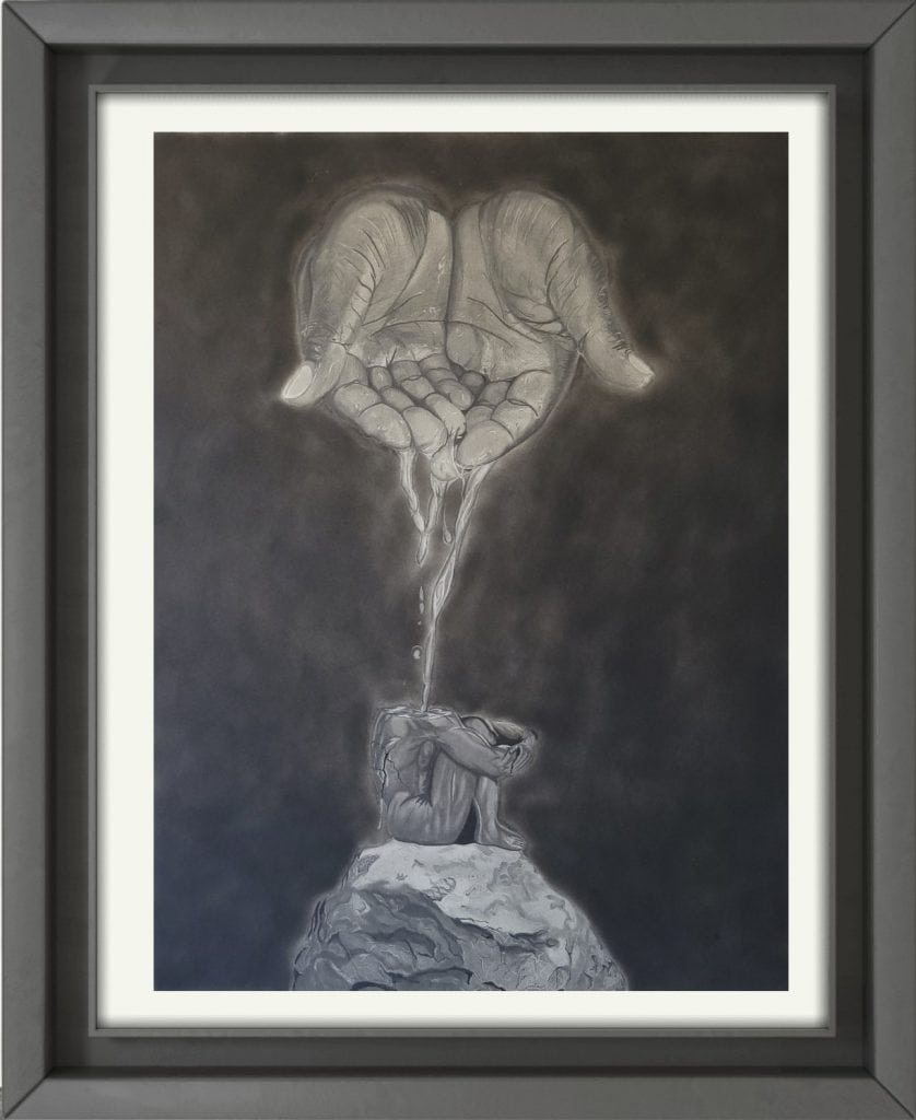 Graphite and Charcoal drawing of a set of hands with liquid flowing from them into the shape of a man's figure sitting on a boulder.