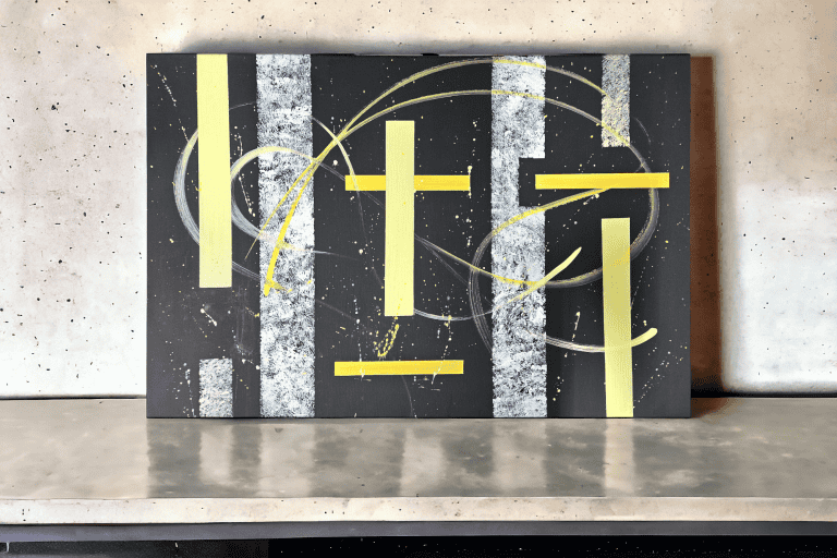 24” x 36” Acrylic paint on gallery wrapped canvas. This gorgeous art piece features a combination of various shades of yellow, with the shapes and lines painted in a manner that depicts the true fluidity of motion working together.