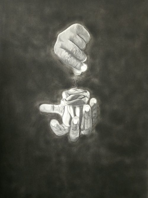 This art piece is the artist’s representation of the creation of the divine feminine, as the hands of the creator carefully protect and form the figure with delicately powerful sand.