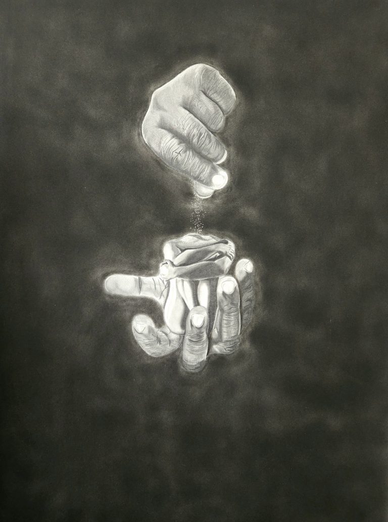 This art piece is the artist’s representation of the creation of the divine feminine, as the hands of the creator carefully protect and form the figure with delicately powerful sand.