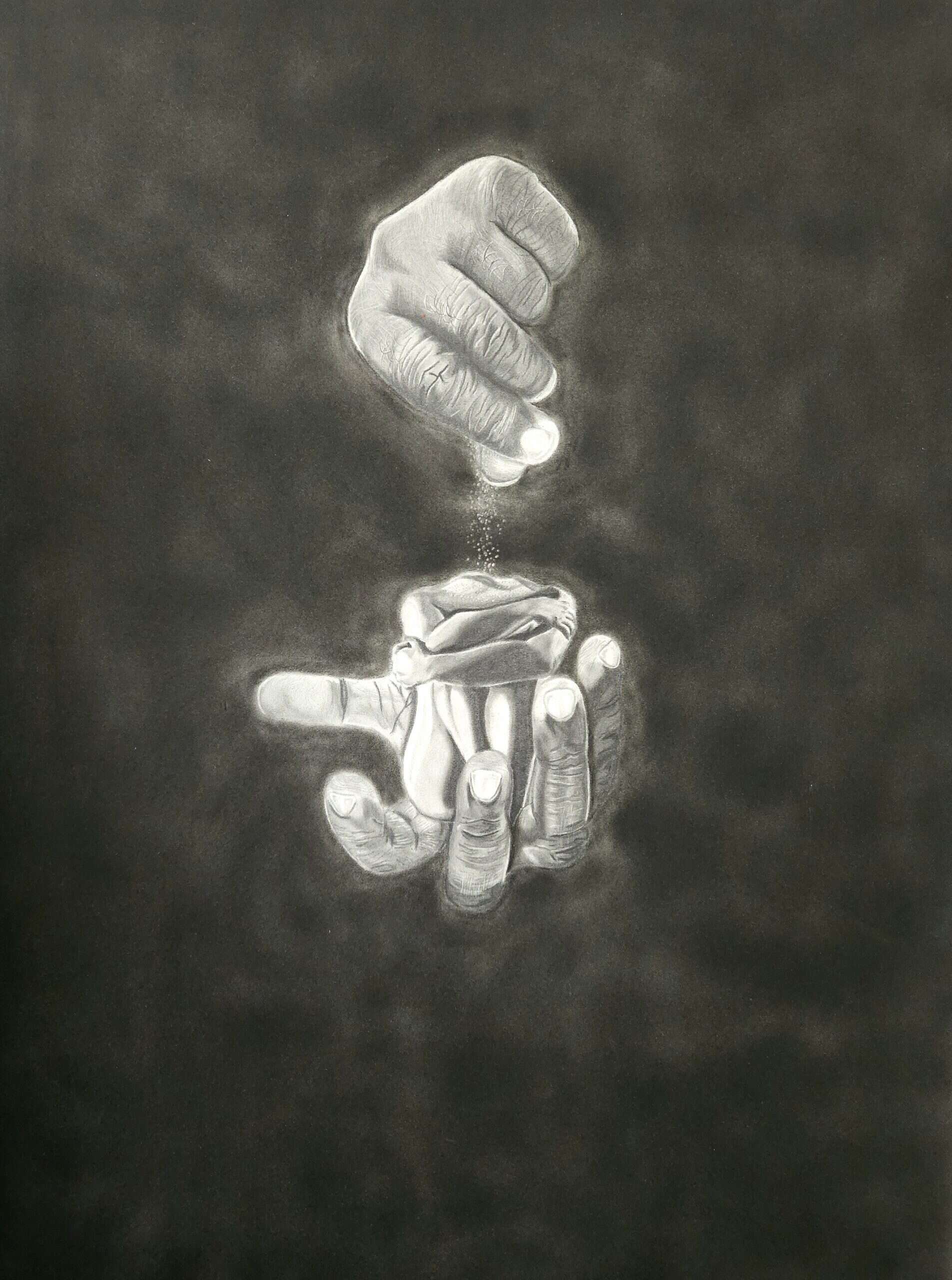 This art piece is the artist’s representation of the creation of the divine feminine, as the hands of the creator carefully protect and form the figure with delicately powerful sand.