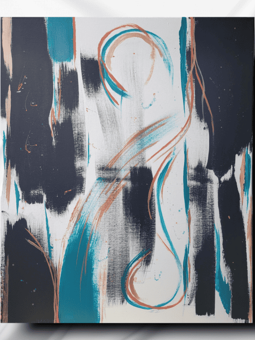 24” x 30” Acrylic Paint on Stretched Canvas This beautiful piece of abstract art incorporates the colors teal, pueblo orange, and white, flowing dancing beautifully against the contrast stillness of black. This is guaranteed to be the eye catching conversation piece for your home or gallery.