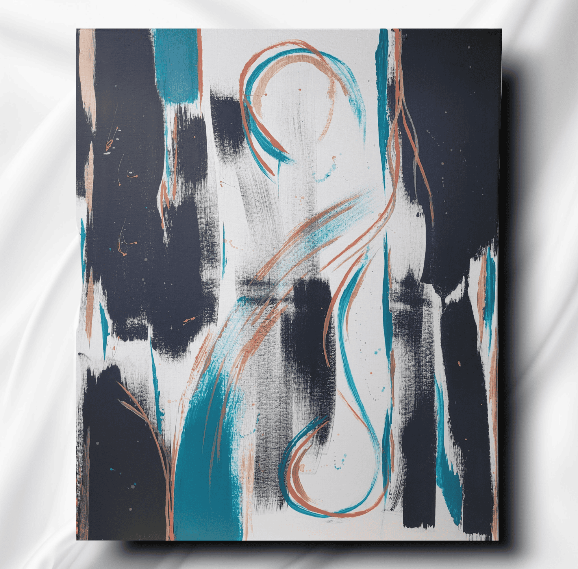 24” x 30” Acrylic Paint on Stretched Canvas This beautiful piece of abstract art incorporates the colors teal, pueblo orange, and white, flowing dancing beautifully against the contrast stillness of black. This is guaranteed to be the eye catching conversation piece for your home or gallery.