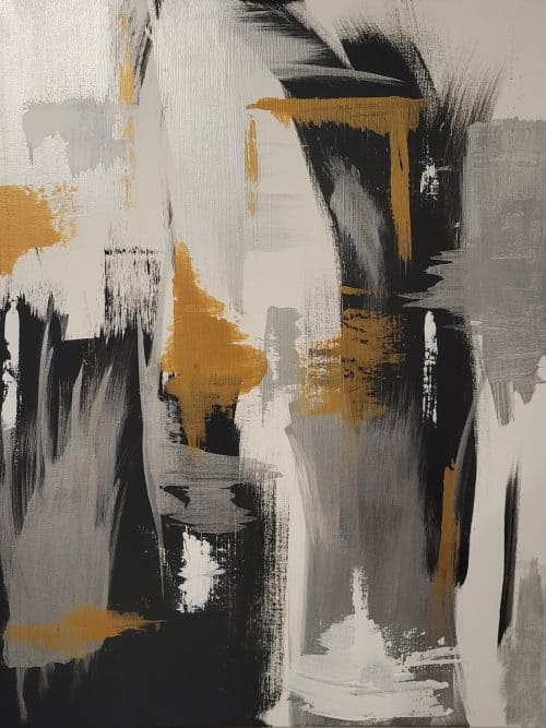 18” x 24” Acrylic on Canvas A beautiful piece of abstract art, featuring silver, gold, black, and white. These colors work well as the most natural compliment to each other, while presenting their unique distinctions.
