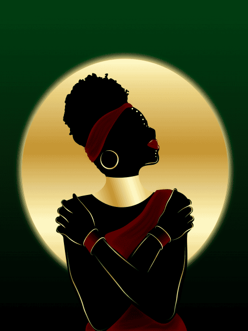 This art piece presents a melanated woman securely embracing herself, depicting strength, protection, and surety.