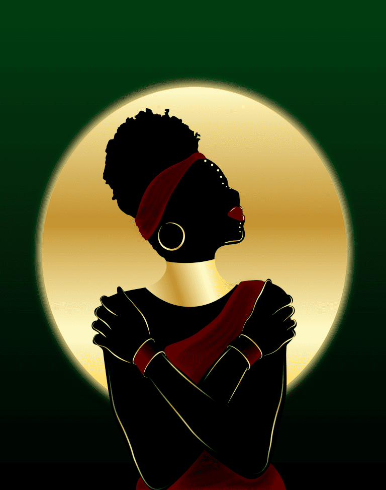 This art piece presents a melanated woman securely embracing herself, depicting strength, protection, and surety.