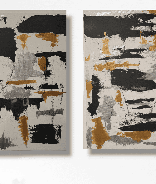 16” x 20” (x 2) This beautiful art pairing presents an intertwining of colors representing the most precious of substances, silver and gold. With the beautifully intricate way in which the features of these paintings work together, it is sure to be the centerpiece and eye catcher of your home decor.