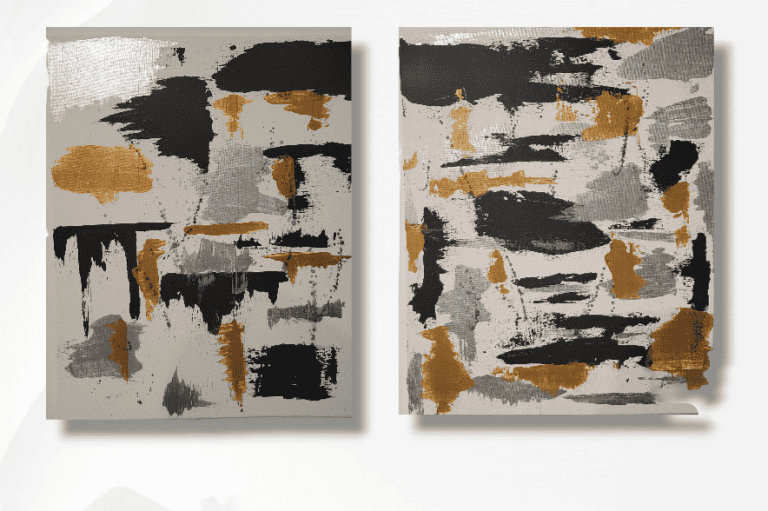 16” x 20” (x 2) This beautiful art pairing presents an intertwining of colors representing the most precious of substances, silver and gold. With the beautifully intricate way in which the features of these paintings work together, it is sure to be the centerpiece and eye catcher of your home decor.