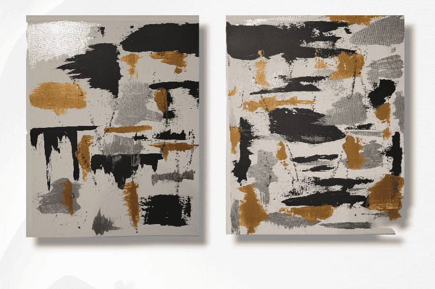 16” x 20” (x 2) This beautiful art pairing presents an intertwining of colors representing the most precious of substances, silver and gold. With the beautifully intricate way in which the features of these paintings work together, it is sure to be the centerpiece and eye catcher of your home decor.