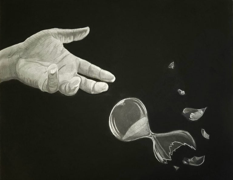 18” x 24” Charcoal and Graphite This thought provoking piece explores the personal relationship that we have with time, and the finality of a concept that we would often believe is infinite. Original and Fine Art Prints are Available