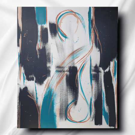 Image of the art piece "Divine Motion" created by artist James Sanders. This piece features a combination of teal, coral, black, white, rose gold, and orange intertwined as a reflection of active motion through space.
