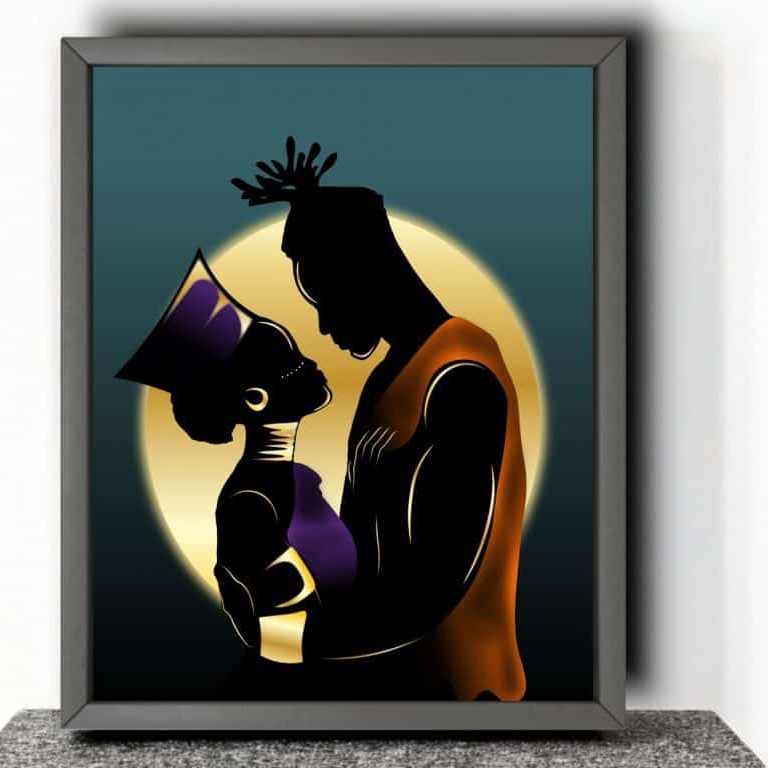 God Kissed #1 - Art piece created by artist James Sanders. It depicts the silhouette of a couple embraced, while looking at each other lovingly.