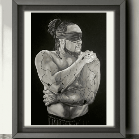 Graphite and charcoal drawing, 'In Pieces pt. 1.' The piece features the torso of a man wearing a blindfold. He crosses his arms to hold himself in a protective gesture, while cracks spiderweb across his skin, rendered with detailed shading to resemble fractured concrete. The monochrome artwork evokes a powerful sense of vulnerability and hidden turmoil.