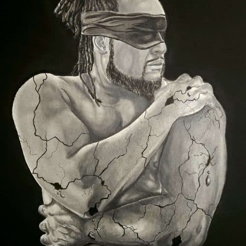 Graphite and charcoal drawing, 'In Pieces pt. 1.' The piece features the torso of a man wearing a blindfold. He crosses his arms to hold himself in a protective gesture, while cracks spiderweb across his skin, rendered with detailed shading to resemble fractured concrete. The monochrome artwork evokes a powerful sense of vulnerability and hidden turmoil.