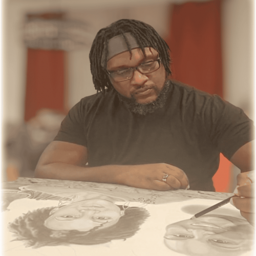 James Profile Image 3 Profile image of artist James Sanders as he creates one of his pieces of graphite artwork.